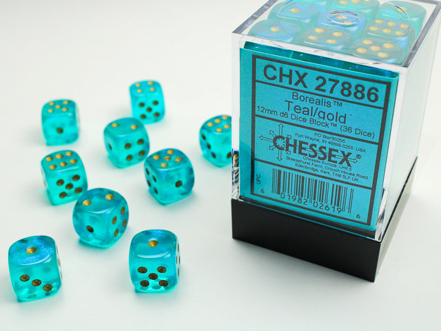 Chessex D6 Cube (12mm) - Borealis Teal/Gold | Cards and Coasters CA