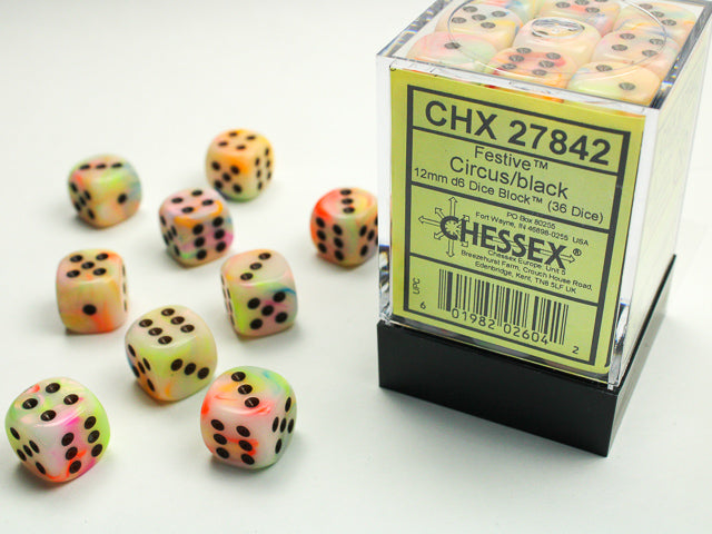 Chessex D6 Cube (12mm) - Festive Circus/Black | Cards and Coasters CA