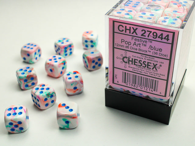 Chessex D6 Cube (12mm) - Festive Pop Art/Blue | Cards and Coasters CA