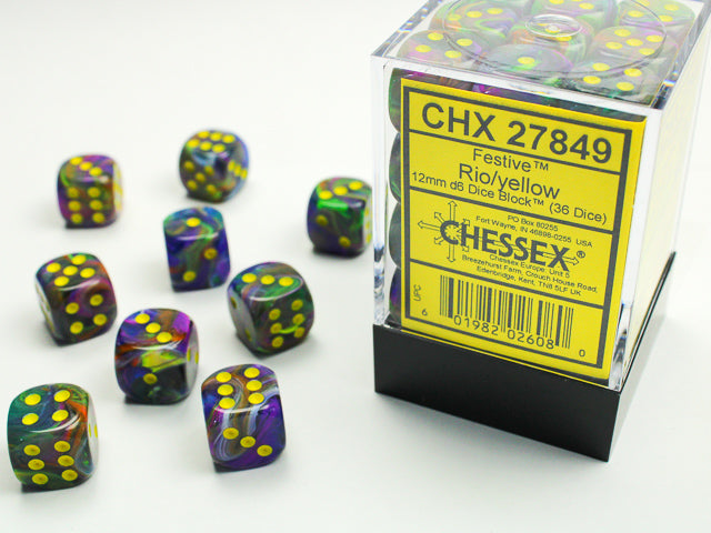 Chessex D6 Cube (12mm) - Festive Rio/Yellow | Cards and Coasters CA