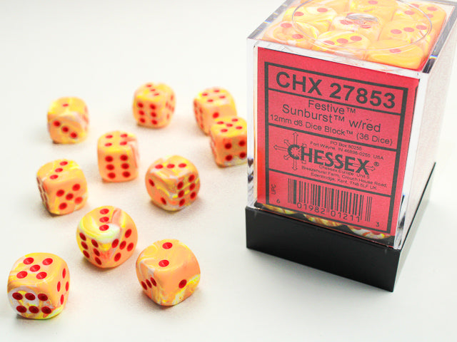 Chessex D6 Cube (12mm) - Festive Sunburst w/ Red | Cards and Coasters CA