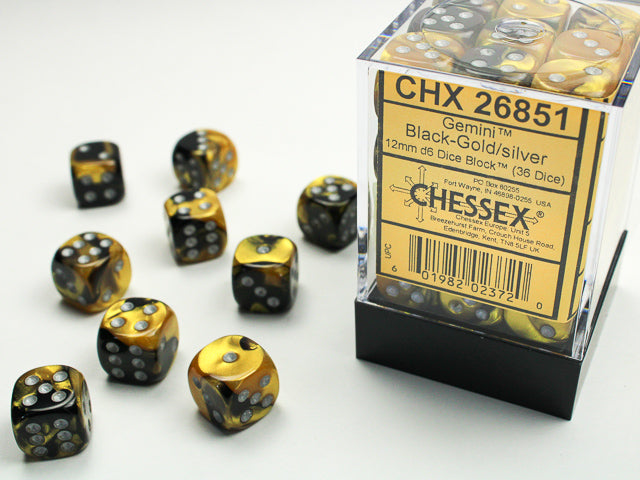 Chessex D6 Cube (12mm) - Gemini Black-Gold/Silver | Cards and Coasters CA