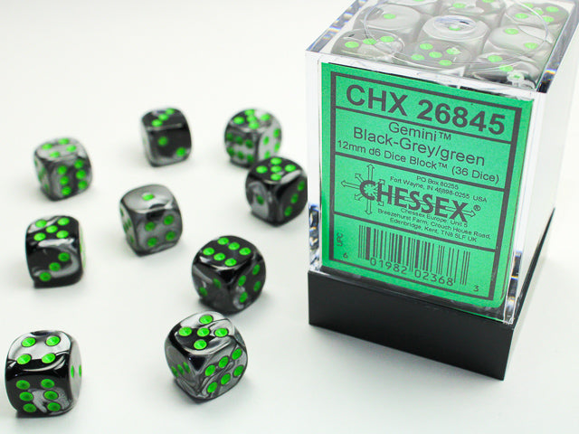 Chessex D6 Cube (12mm) - Gemini Black-Grey/Green | Cards and Coasters CA