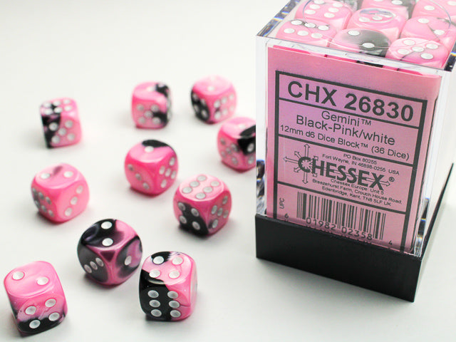 Chessex D6 Cube (12mm) - Gemini Black-Pink/White | Cards and Coasters CA