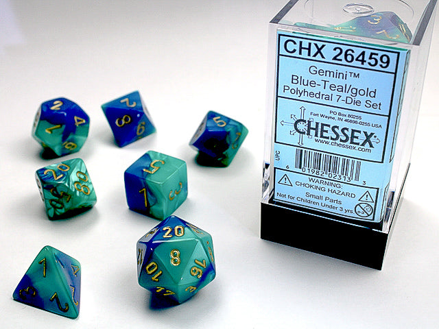Chessex Gemini Teal/Blue Gold set of 7 dice | Cards and Coasters CA