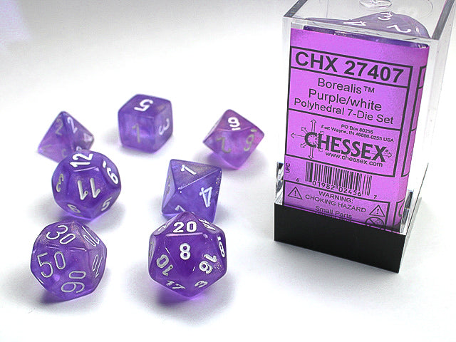 Chessex Borealis Purple/White Set of 7 | Cards and Coasters CA