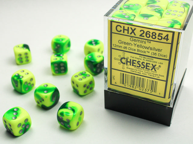 Chessex D6 Cube (12mm) - Gemini Green-Yellow/Silver | Cards and Coasters CA