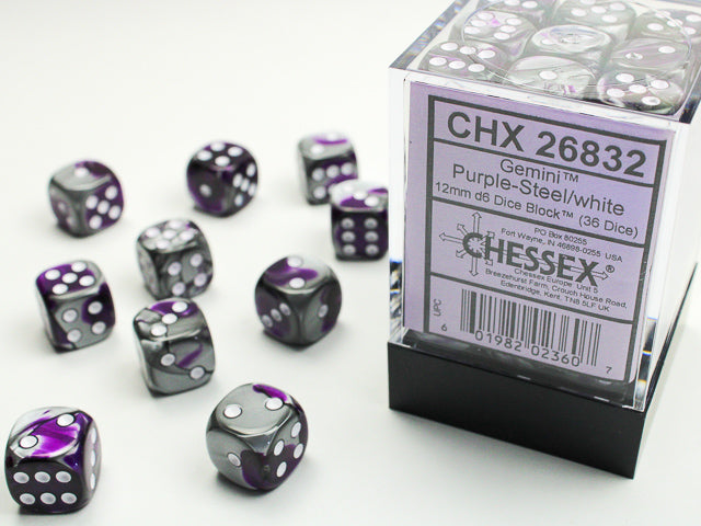 Chessex D6 Cube (12mm) - Gemini Purple-Steel/White | Cards and Coasters CA