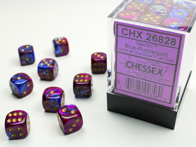 Chessex 36 D6 Dice cube - Blue-Purple/Gold | Cards and Coasters CA