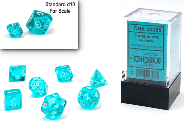 Translucent: Mini 7pc Polyhedral Teal / white | Cards and Coasters CA